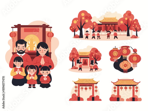 Happy Family at Temple and Chinese Gate Illustration