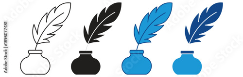 Feather and inkwell icon set. Literature, calligraphy, education, handwriting, classic writing pen. Vector illustration.