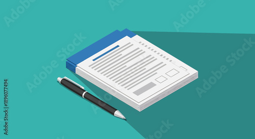 Contract Document with Pen on Teal Background, Isometric Illustration