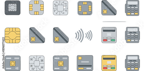 Vector illustration set of credit card electronic emv chips mobile payment terminals and contactless transaction technology icons for financial banking and commerce designs