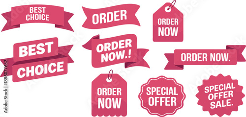 Pink Promotional Tag and Ribbon Set with Special Offer Sale and Order Now Banners for E-commerce