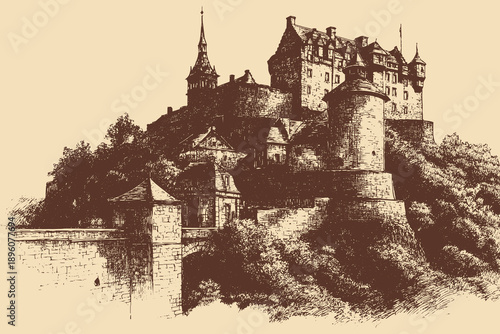 Edinburgh Castle, Scotland illustration in a vintage style. This vector illustration can be used in any size you like for advertising, logos, and other work.