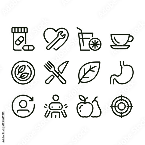 Collection of thin line icons representing health food and lifestyle