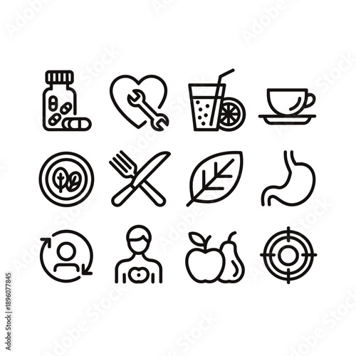 Collection of diverse linear icons representing health food and technology