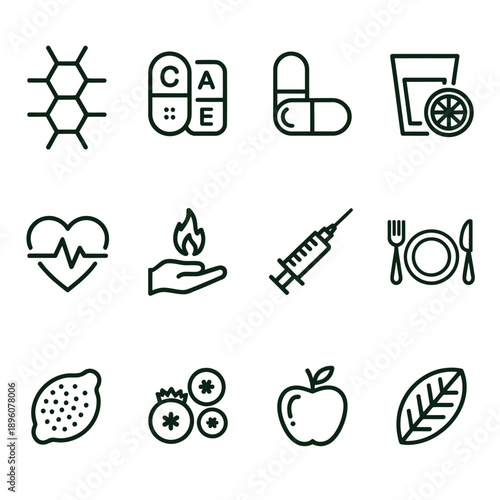 Collection of healthcare nutrition and wellness related linear icons