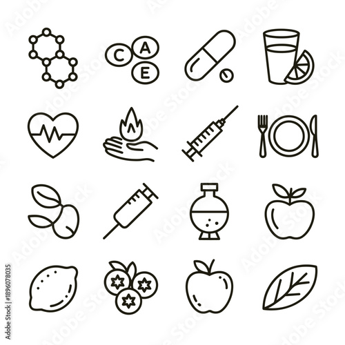 Collection of health and wellness related line icons in a grid format