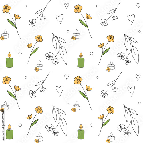 Seamless botanical pattern featuring delicate flowers, leaves and candles with small heart elements. Minimal flat vector design in soft green and yellow tones for wellness branding
