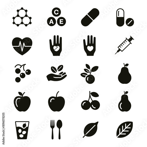 Collection of black glyph icons representing health medicine and nutrition