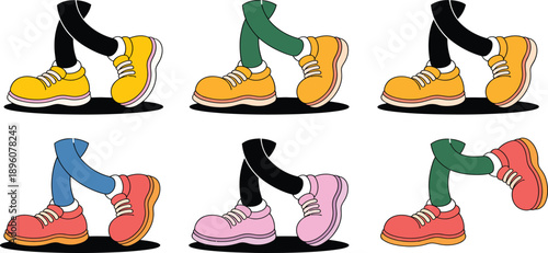 Set of Human Legs and Feet Wearing Colorful Shoes and Sneakers in Various Walking and Standing Positions