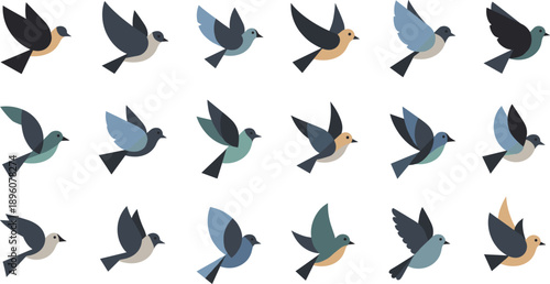 Set of Flat Flying Bird Icons Vector Illustration with Diverse Wing Positions and Muted Earthy Color Tones