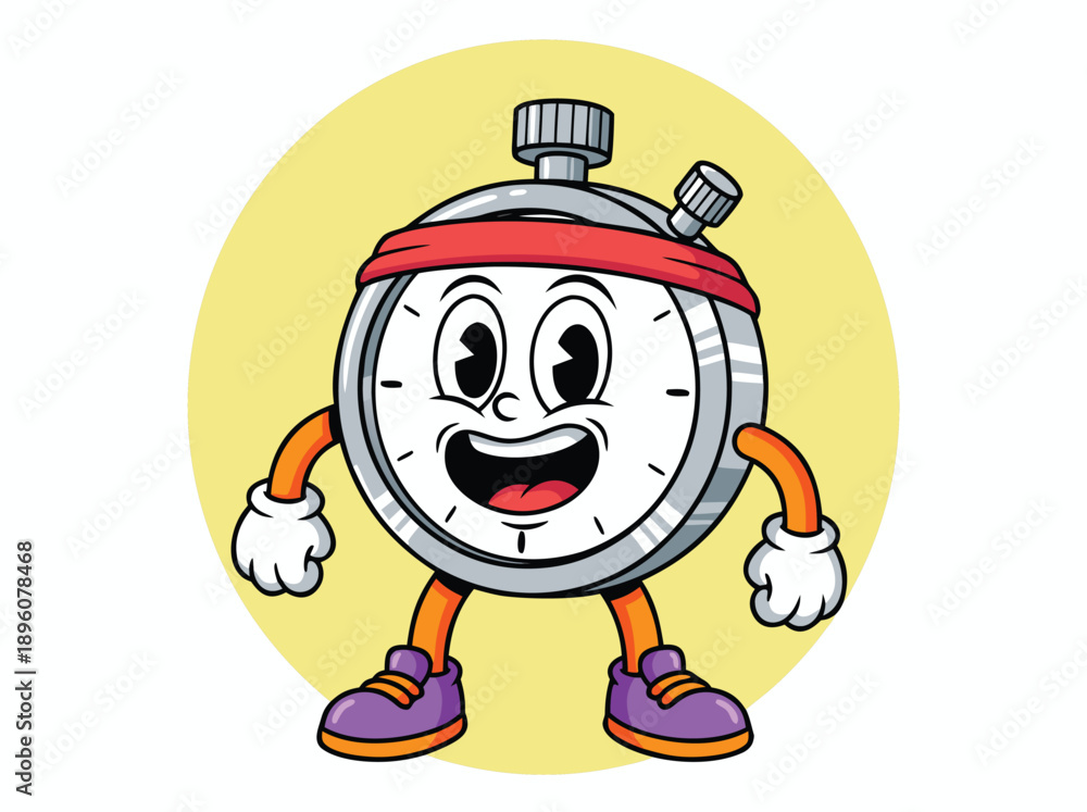 Obraz premium Cartoon Stopwatch Character with a Red Headband and Sneakers.