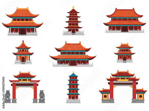 Traditional Temple Building and Multi-Tiered Pagoda Set