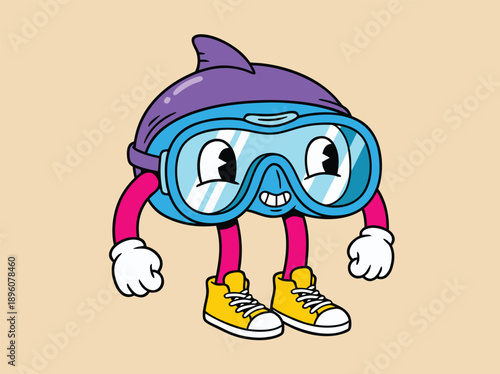 Cartoon shark character wearing scuba diving mask and fins.