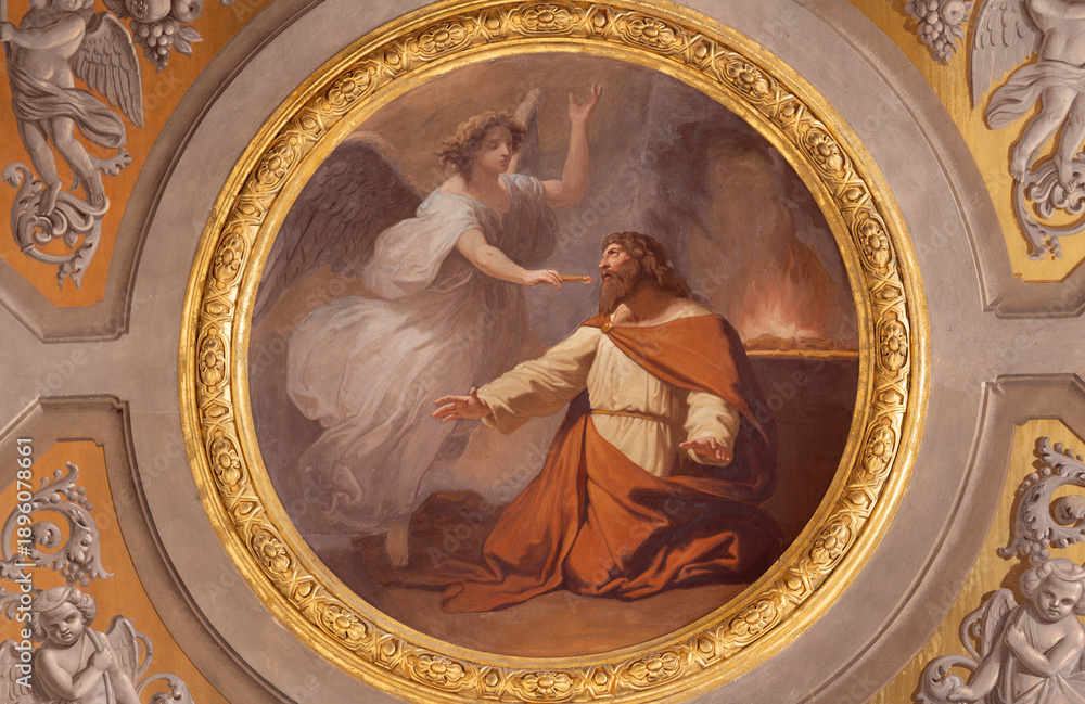Naklejka premium VIGEVANO, ITALY - JANUARY 18, 2026: The detail of ceiling fresco of The Isaiah's Commission in the Cathedral of St. Ambrose by Francesco Gonin (1858).