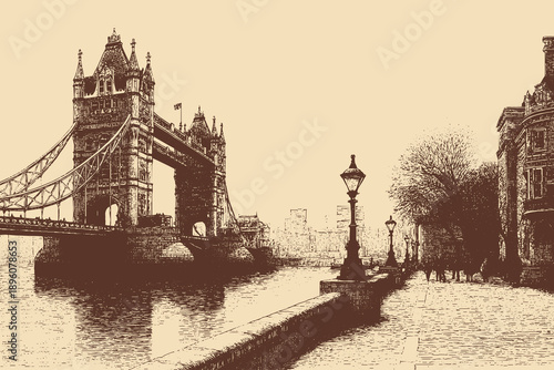 Tower Bridge, England illustration in a vintage style. This vector illustration can be used in any size you like for advertising, logos, and other work.

