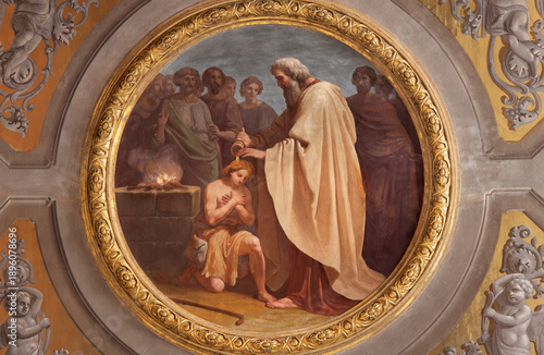 Tableau sur toile VIGEVANO, ITALY - JANUARY 18, 2026: The detail of ceiling fresco of The anointing of David as king in the Cathedral of St