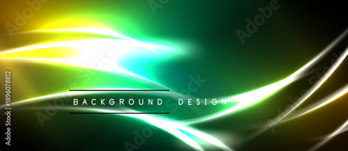 Abstract neon lights create dynamic green, yellow glow. Dark background emphasizes flowing lines, modern design elements.