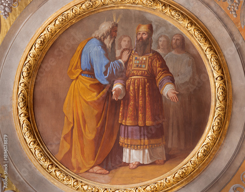 VIGEVANO, ITALY - JANUARY 18, 2026: The detail of ceiling fresco of Moses and Aaron in the Cathedral of St. Ambrose by Francesco Gonin (1858).