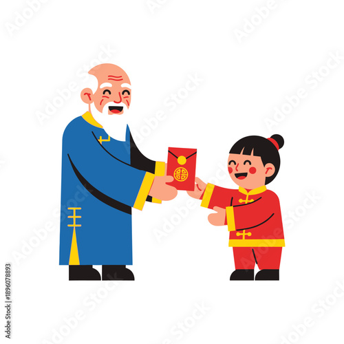 Elderly Man Giving Red Envelope to Child.
