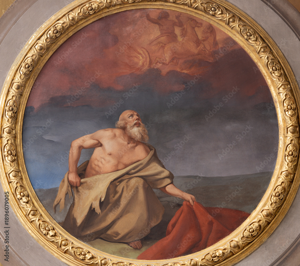 Obraz premium VIGEVANO, ITALY - JANUARY 18, 2026: The detail of ceiling fresco of Prophets Elisha and Elijah ascending into Heaven in the chariot of fire in the Cathedral of St. Ambrose by Francesco Gonin (1858).