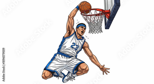Dynamic basketball player dunking ball in mid-air with intense expression