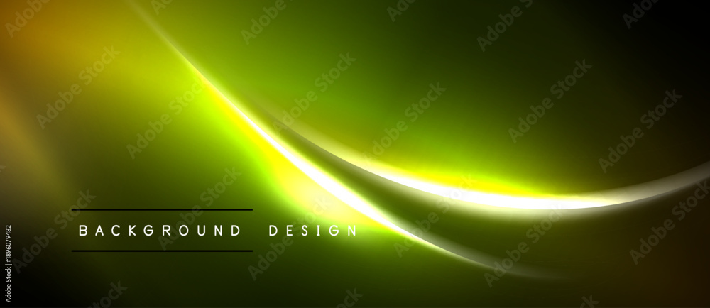 Naklejka premium Abstract green yellow light waves. Smooth gradients create dynamic flowing design. Text reads background design. Minimalist aesthetic.