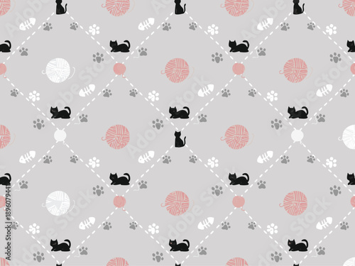 Cute Black Cat Pattern with Paw Prints and Pink Circles.