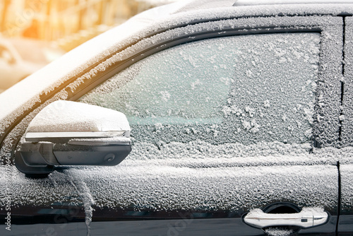 Frozen vehicle side mirror and door window with white frost crystals on the glass after blizzard, harsh reality of winter transportation. Glass and side mirror covered in thick hoarfrost, cold morning