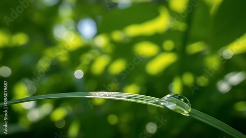 A glistening water droplet delicately balances on a vibrant blade of grass, illuminated by soft morning sunlight. The macro shot captures intricate reflections within the clear sphere, set against a l