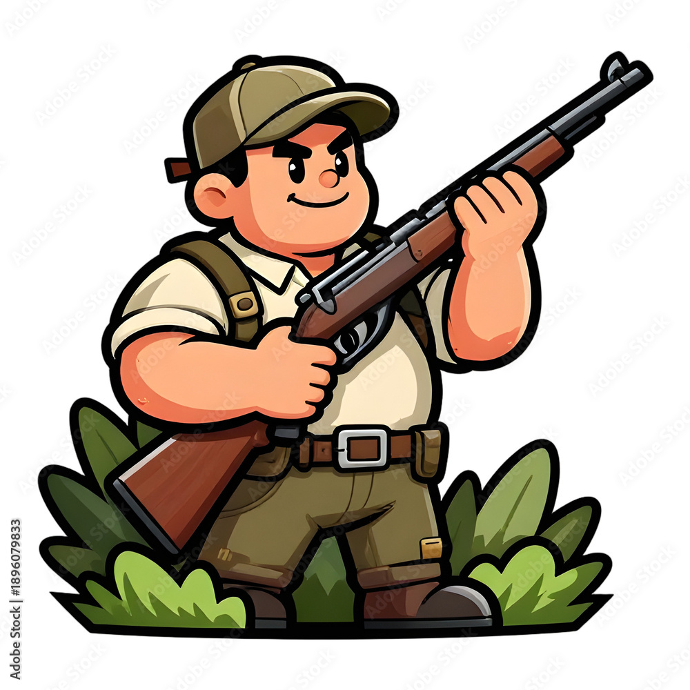 Fototapeta premium A burly hunter with a rifle. Dressed in hunting clothes. Cartoon mascot, illustration, clean lines, flat design, modern, high quality