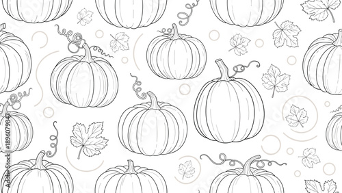 Elegant seamless pattern of hand-drawn pumpkins and autumn leaves in a black and white line art style for fall holiday wrapping paper.