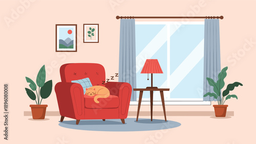 Cozy living room scene with a cute orange cat sleeping peacefully on a red armchair next to a window, a warm and comfortable interior.