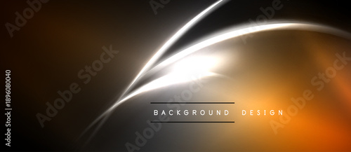 Abstract design features flowing lines, warm colors, bright highlights. Dark background creates dramatic visual effect. Modern, sleek presentation.