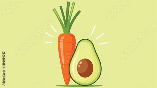 Bright and healthy cartoon illustration of a shiny orange carrot and a half avocado on a light green background, promoting vegan food.