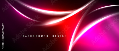 Abstract design features vibrant red, pink gradients. Smooth curves create dynamic flow against dark backdrop. Modern aesthetic.