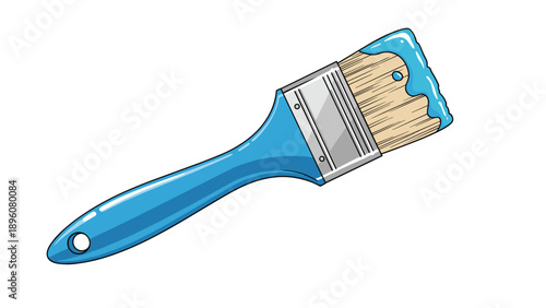 Colorful cartoon illustration of a paintbrush with a blue handle, dipped in fresh blue paint, isolated on a plain white background.