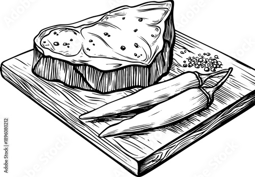 Hand-drawn illustration of steak and chili peppers on wooden board.