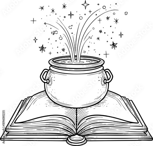 Mystical cauldron with stars emerging above an open book.