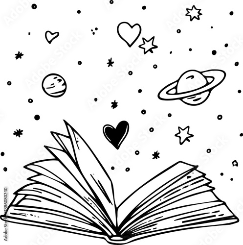 Open book surrounded by stars planets and hearts.