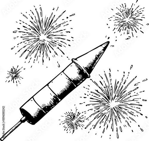 Rocket firework with bursts of colorful sparks in the background.