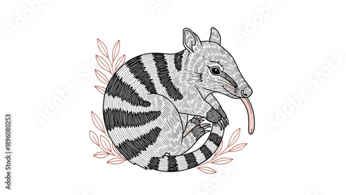 Detailed black and white engraving style illustration of a numbat, a unique striped anteater from Australia, curled up with its tongue out.