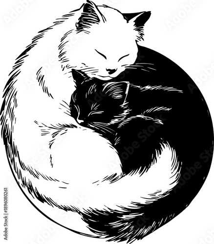 Two cats curled up together one black and one white.