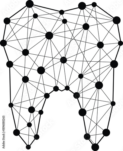 Abstract geometric tooth network illustration representing dental AI, orthodontics, healthcare technology, neural connections, medical innovation, minimal line art white background vector conceptual