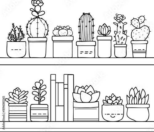 Stylized illustration of various potted plants on shelves.