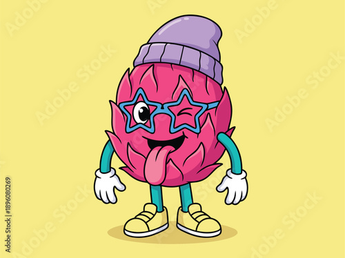Cute Dragon Fruit Character Wearing Glasses and Beanie.