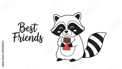 Adorable cartoon raccoon eating a chocolate bar next to 'Best Friends' calligraphy, a cute illustration for friendship or greeting cards.