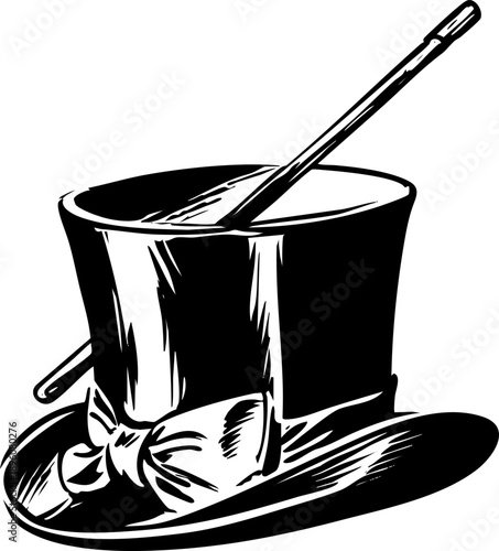 Stylized black and white illustration of a magicians top hat.