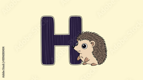 Charming hand-drawn illustration of a cute hedgehog character sitting beside a textured, dark purple letter H on a light background.