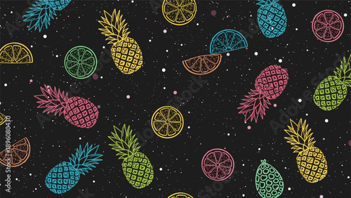 Vibrant seamless pattern of colorful hand-drawn tropical fruits like pineapple and citrus slices on a dark speckled background.