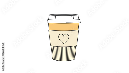 Minimalist hand-drawn illustration of a disposable coffee cup with a lid and a sleeve decorated with a simple heart symbol.
